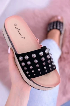 Damskie Czarne Klapki z Cyrkoniami Orto