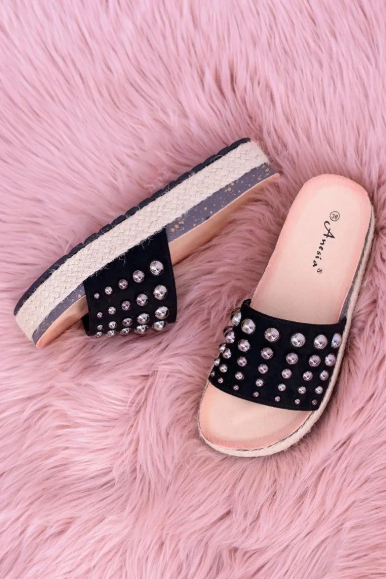 Damskie Czarne Klapki z Cyrkoniami Orto