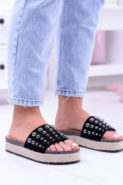 Damskie Czarne Klapki z Cyrkoniami Orto