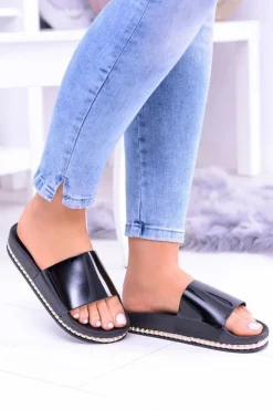 Damskie Czarne Klapki z Dżetami Mirock