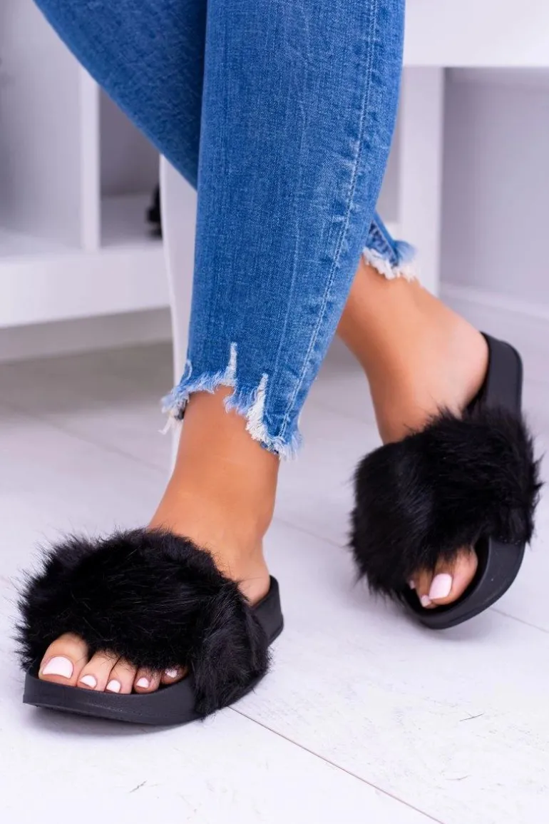 Damskie Czarne Klapki Z Dużym Futerkiem Fluffy
