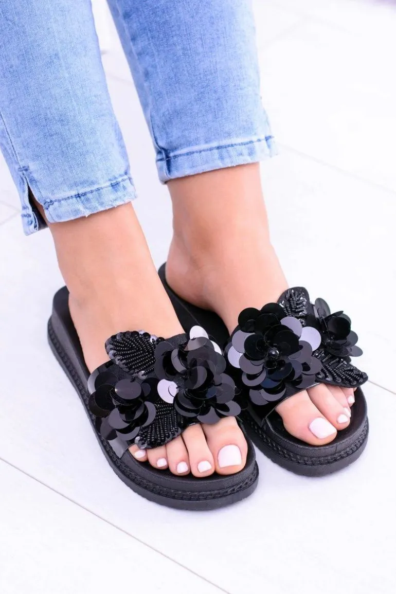 Damskie Czarne Klapki z Kwiatowym Wzorem Muah