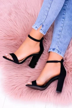 Damskie Czarne Sandały na Słupku Zamsz Mondela