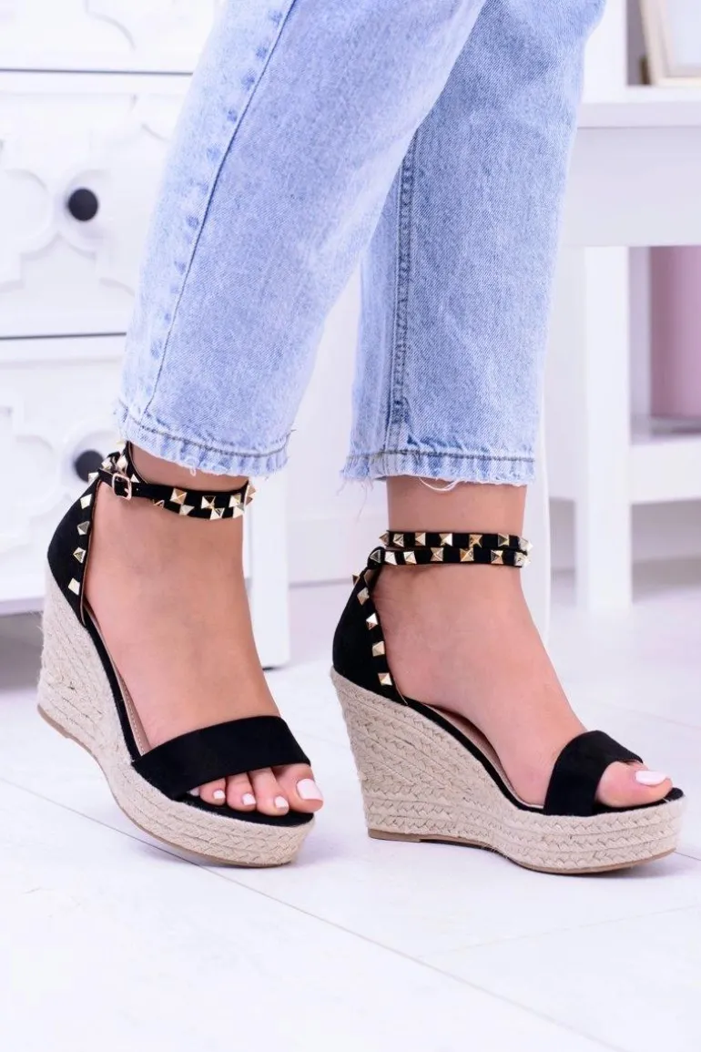 Damskie Czarne Sandały Na Koturnie Espadryle Coco