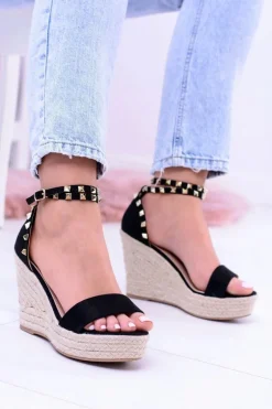 Damskie Czarne Sandały Na Koturnie Espadryle Coco