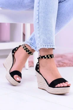 Damskie Czarne Sandały Na Koturnie Espadryle Coco