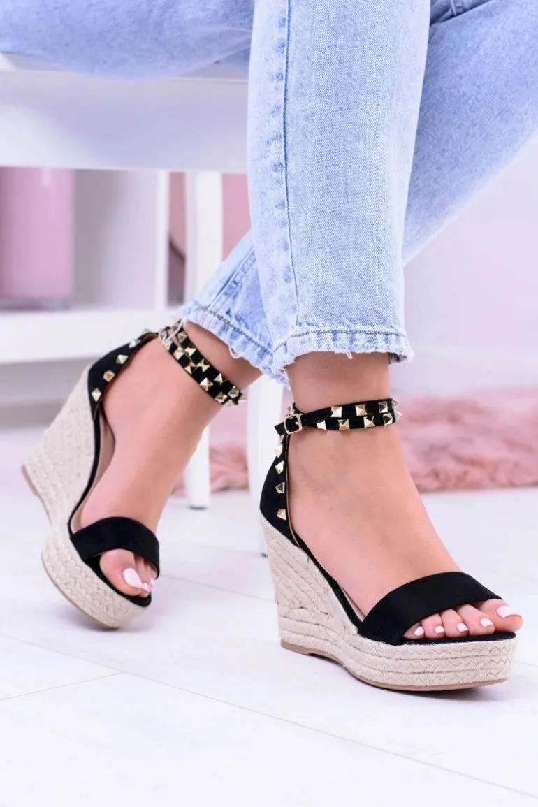 Damskie Czarne Sandały Na Koturnie Espadryle Coco
