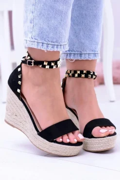 Damskie Czarne Sandały Na Koturnie Espadryle Coco