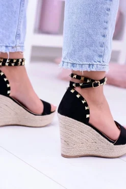 Damskie Czarne Sandały Na Koturnie Espadryle Coco