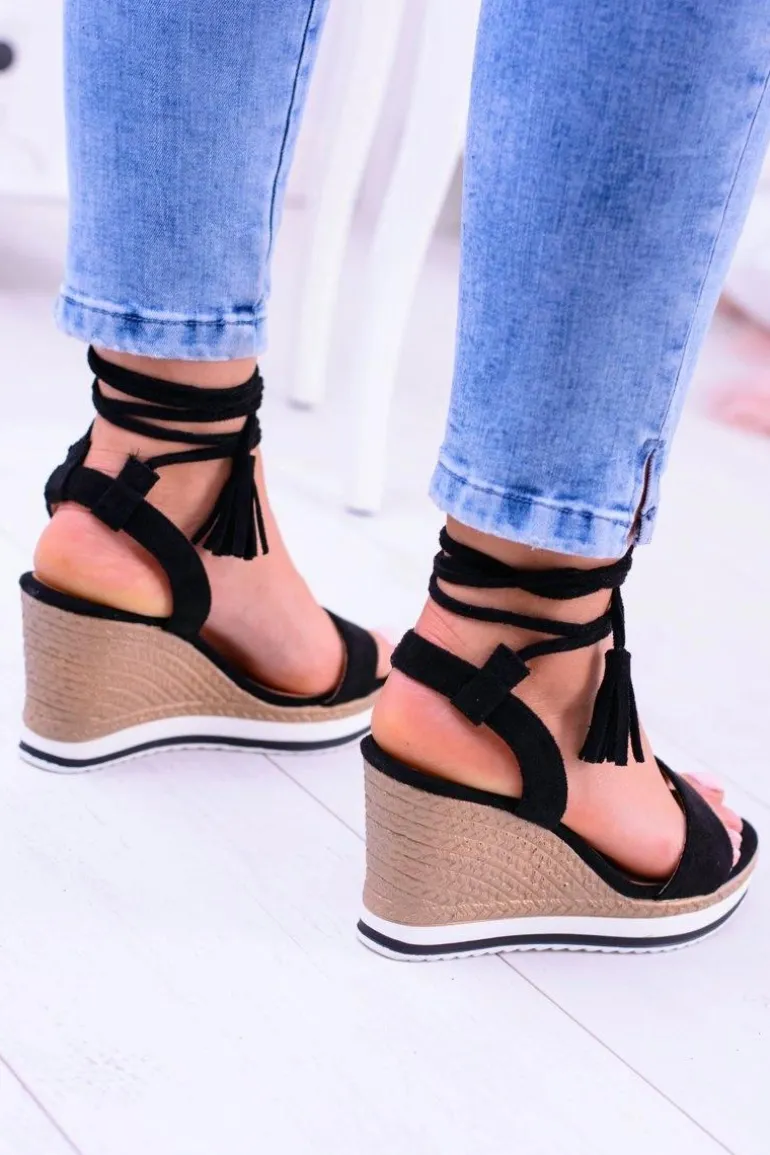 Damskie Czarne Sandały Na Koturnie Platter