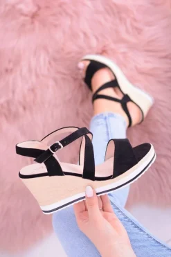 Damskie Czarne Sandały Na Koturnie Showen