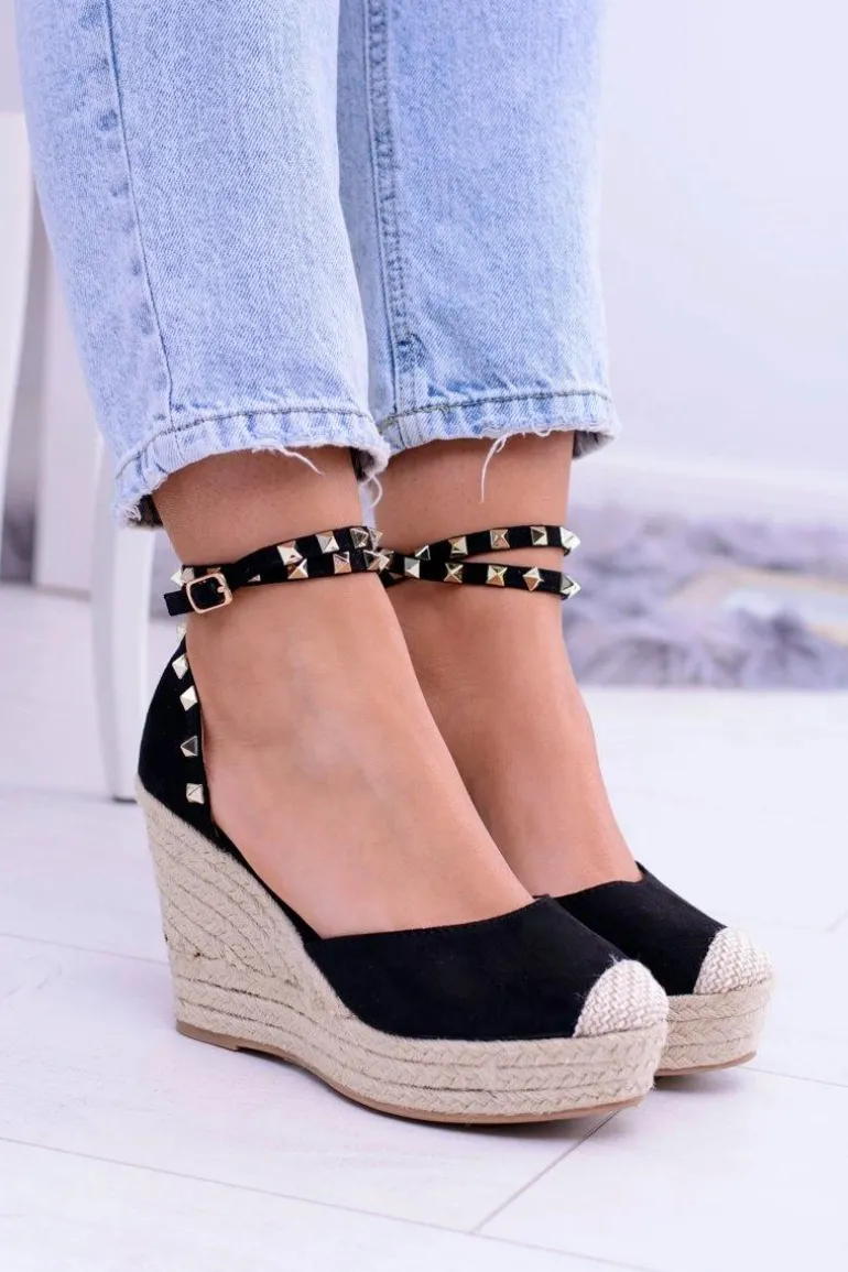 Damskie Czarne Sandały Na Koturnie Espadryle Aude