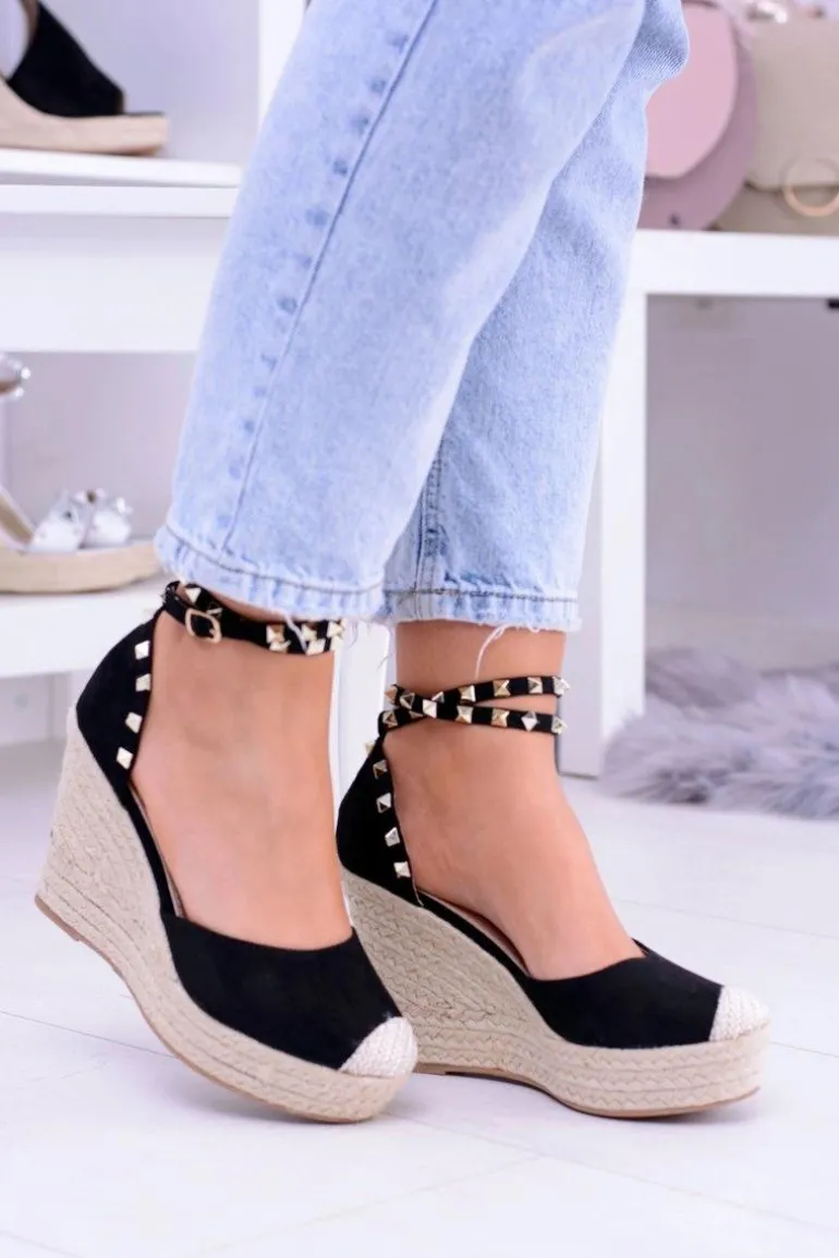 Damskie Czarne Sandały Na Koturnie Espadryle Aude