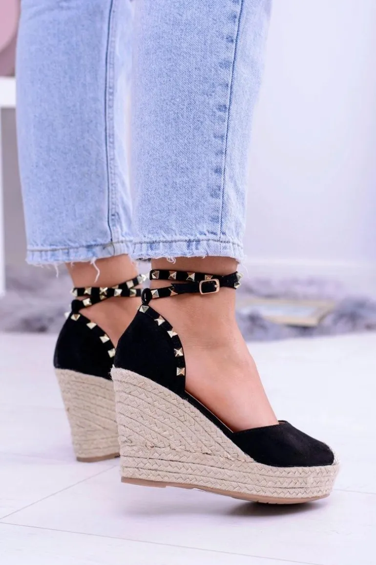 Damskie Czarne Sandały Na Koturnie Espadryle Aude
