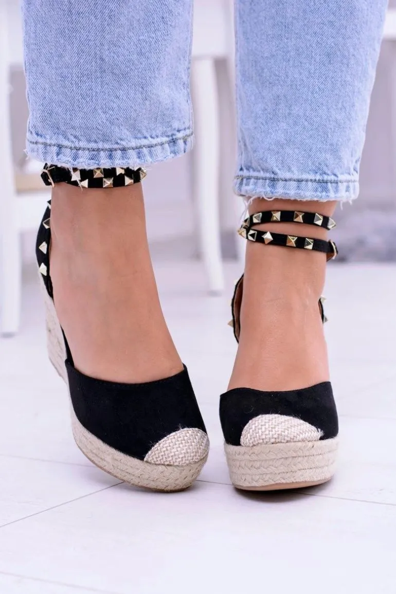 Damskie Czarne Sandały Na Koturnie Espadryle Aude