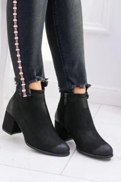 Damskie Czarne Skórzane Botki Na Słupku Nicole