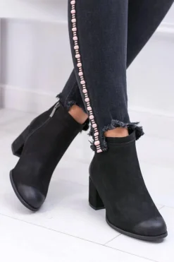 Damskie Czarne Skórzane Botki Na Słupku Nicole