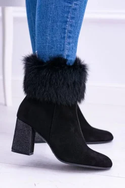 Damskie Czarne Zamszowe Botki Z Futrem Laura Messi 1689