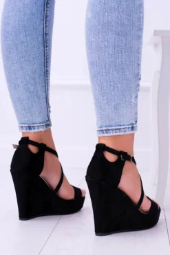 Damskie Czarne Zamszowe Sandały Na Koturnie Eline