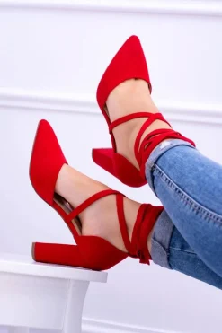 Damskie Czółenka Na Słupku Wiązane Czerwone Demmi