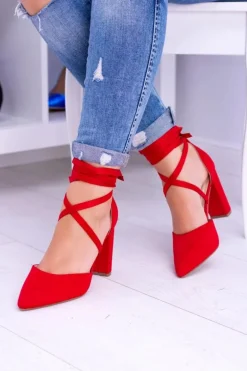 Damskie Czółenka Na Słupku Wiązane Czerwone Demmi