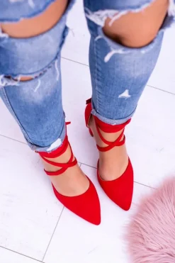 Damskie Czółenka Na Słupku Wiązane Czerwone Demmi