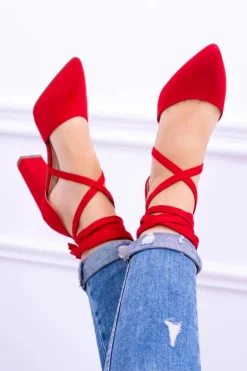 Damskie Czółenka Na Słupku Wiązane Czerwone Demmi