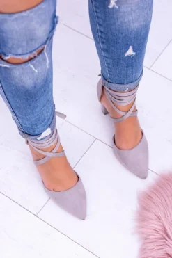 Damskie Czółenka Na Słupku Wiązane Szare Demmi