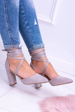 Damskie Czółenka Na Słupku Wiązane Szare Demmi