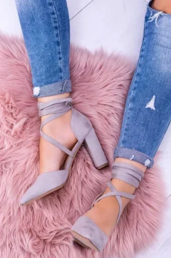 Damskie Czółenka Na Słupku Wiązane Szare Demmi