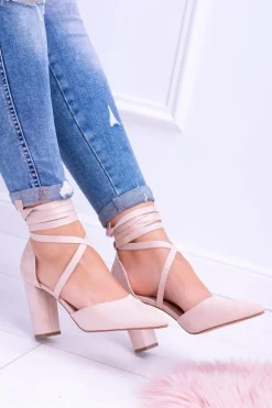 Damskie Czółenka Na Słupku Wiązane Beżowe Demmi