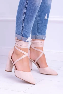 Damskie Czółenka Na Słupku Wiązane Beżowe Demmi