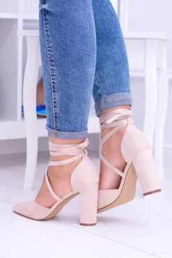 Damskie Czółenka Na Słupku Wiązane Beżowe Demmi