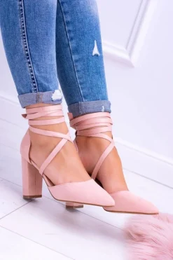 Damskie Czółenka Na Słupku Wiązane Różowe Demmi