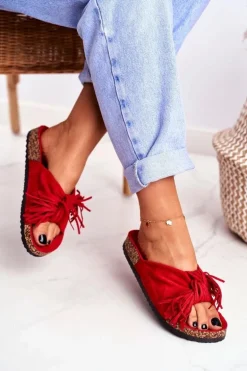 Damskie Czerwone Klapki Na Korku Frędzle Marina