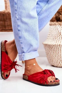 Damskie Czerwone Klapki Na Korku Frędzle Marina