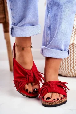 Damskie Czerwone Klapki Na Korku Frędzle Marina