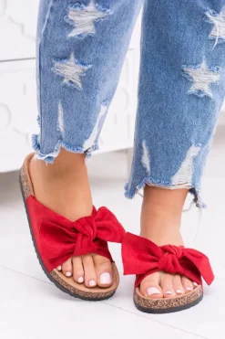 Damskie Czerwone Klapki Na Korku Kokarda Dominica