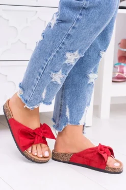 Damskie Czerwone Klapki Na Korku Kokarda Dominica