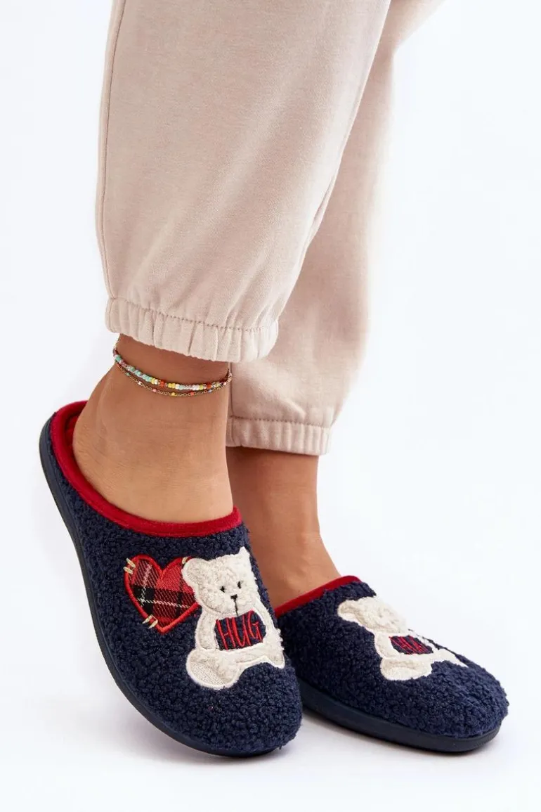 Damskie Domowe Klapki Kapcie Z Misiem Inblu EC000095 Granatowe