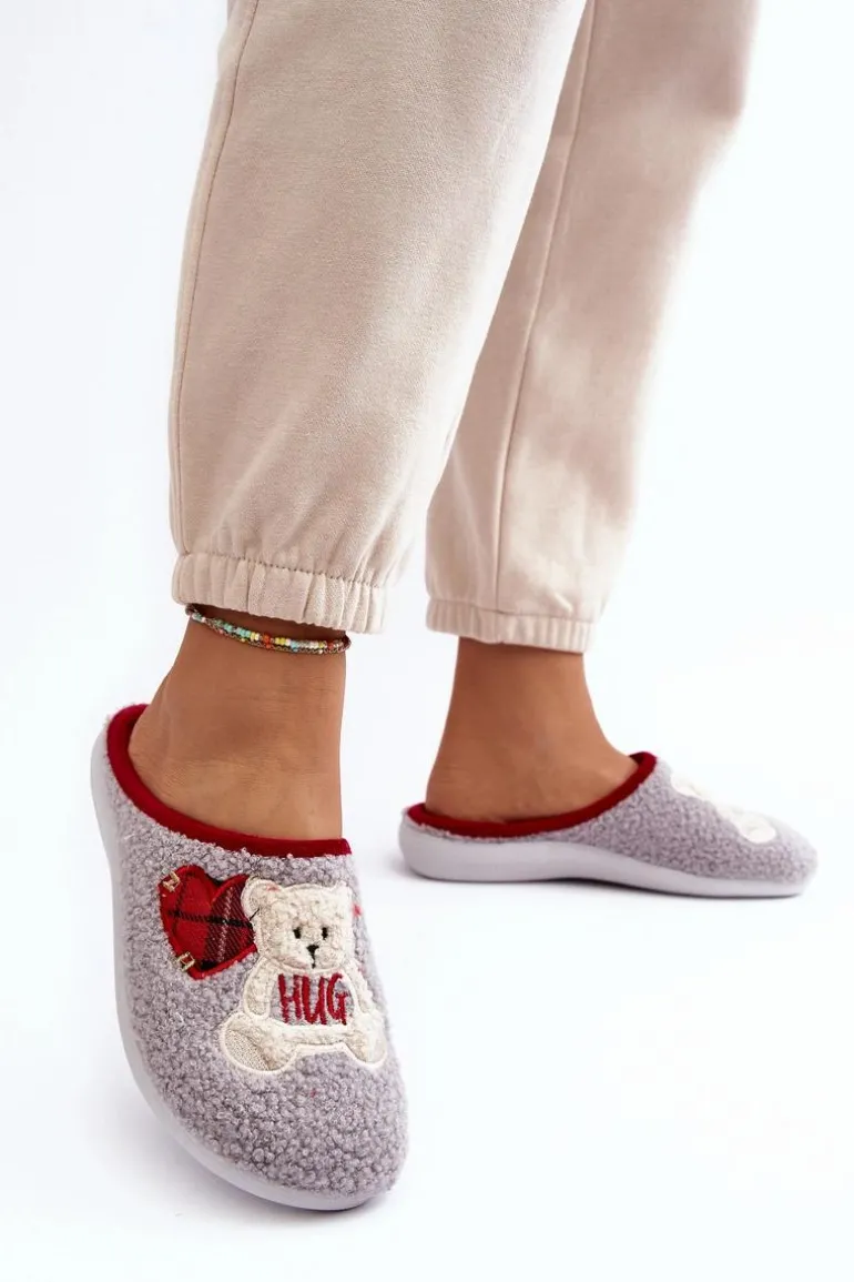 Damskie Domowe Klapki Kapcie Z Misiem Inblu EC000095 Szare