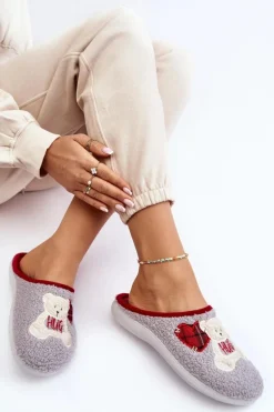 Damskie Domowe Klapki Kapcie Z Misiem Inblu EC000095 Szare