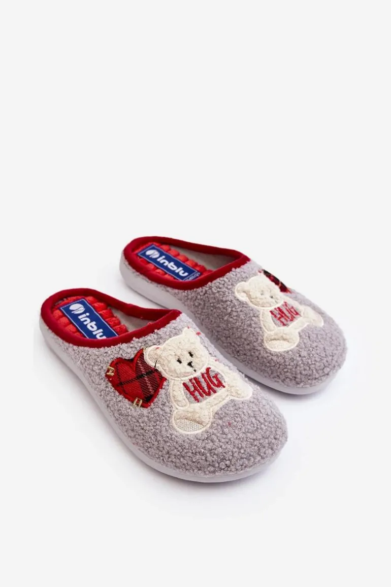 Damskie Domowe Klapki Kapcie Z Misiem Inblu EC000095 Szare
