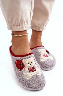 Damskie Domowe Klapki Kapcie Z Misiem Inblu EC000095 Szare