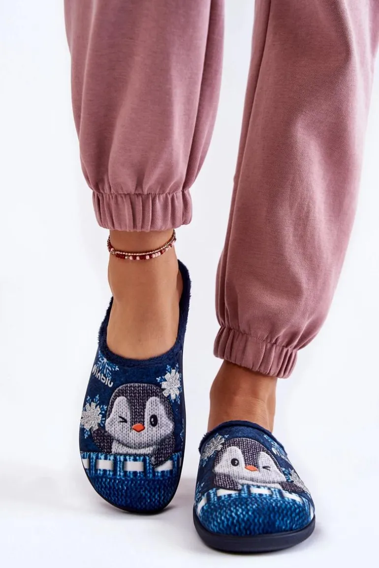 Damskie Domowe Klapki Papcie Pingwiny Inblu EC-81-004 Granatowe