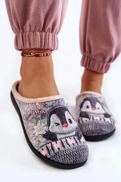 Damskie Domowe Klapki Papcie Pingwiny Inblu EC-81-025 Szare