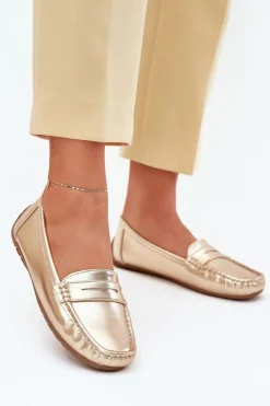 Damskie Eko Skórzane Mokasyny Złote Lenvie