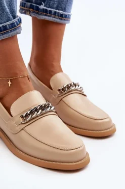 Damskie Eko Skórzane Mokasyny Z Łańcuchem Beżowe Nohlies