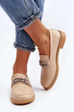 Damskie Eko Skórzane Mokasyny Z Łańcuchem Beżowe Nohlies