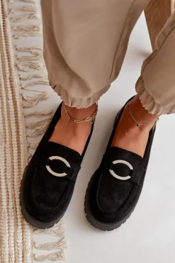 Damskie Eko Zamszowe Mokasyny Z Błyszczącym Detalem Czarne Avellina